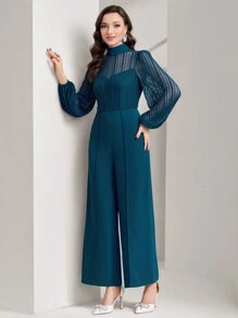 Modelyn Women's Mesh Contrast Half High Neck Lantern Sleeve Wide Leg Jumpsuit (Belt Not Included)