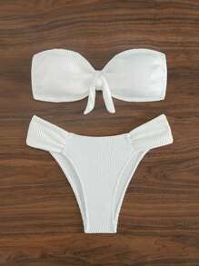 SHEIN Swim Summer Ribbed Knitted Bikini Set With Front Knot Detail