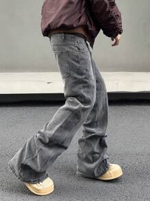 Manfinity Roghcode 男士水洗复古直筒牛仔裤，纯色修身长喇叭牛仔裤浅灰色洗水工装牛仔裤，适合老公、男朋友的礼物