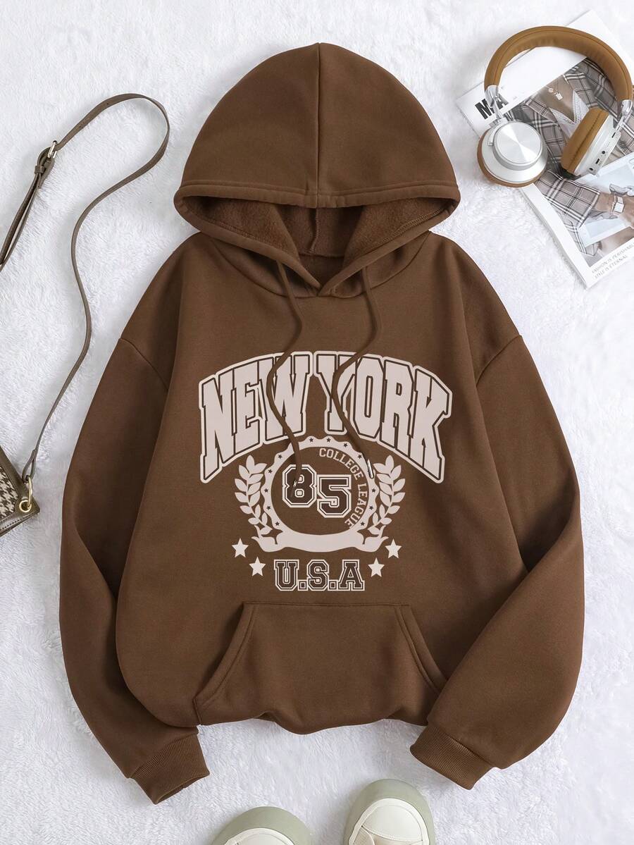 SHEIN EZwear Plus Size Women'S Letter Printed Drawstring Hooded Sweatshirt - Coffee Brown - View 1