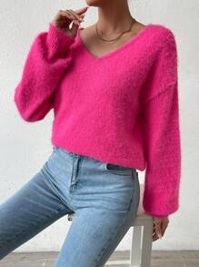 SHEIN Essnce 純色v領毛絨下垂肩針織毛衣 - 玫紅色 - 查看 4