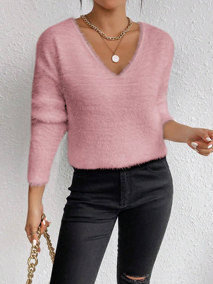 SHEIN LUNE Women's Plush V-Neck Sweater,Long Sleeve Tops Knit Pullover Fall Winter Sweater - Dusty Pink - View 1