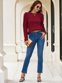 SHEIN Clasi 純色泡泡袖上衣 - 酒紅色 - 查看 3