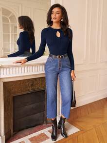 SHEIN Frenchy Women's Keyhole Neckline & Ribbed T-shirt - Navy Blue - View 5