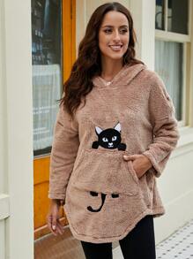 EMERY ROSE Women's Cartoon Cat Embroidery Hoodie - Khaki - View 4