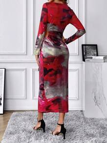 SHEIN Clasi Round Neck Floral Print Drawstring Waist Hollow Out Dress