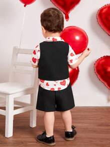 SHEIN Baby Boys' Gentleman Outfits, Heart Pattern Casual Shirt, Solid Color Vest, Shorts, 3pcs/set - Red - View 4