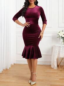 SHEIN Lady Women's Shiny Velvet Dress With Lotus Leaf Hem - Burgundy - View 6