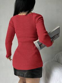 Cloudara Square Neck Ribbed Knit Sweater - Red - View 2