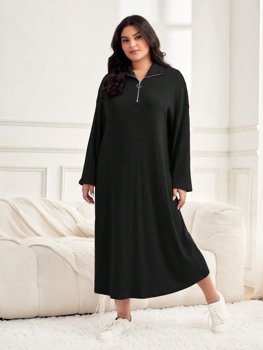 Mulvari 大尺碼半拉鍊前開修身連衣裙 - 黑色 - 查看 1