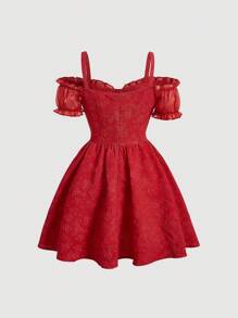 SHEIN MOD Women's Off-Shoulder Puff Sleeve Pressed Flower Dress With Frill Trim - Red - View 2