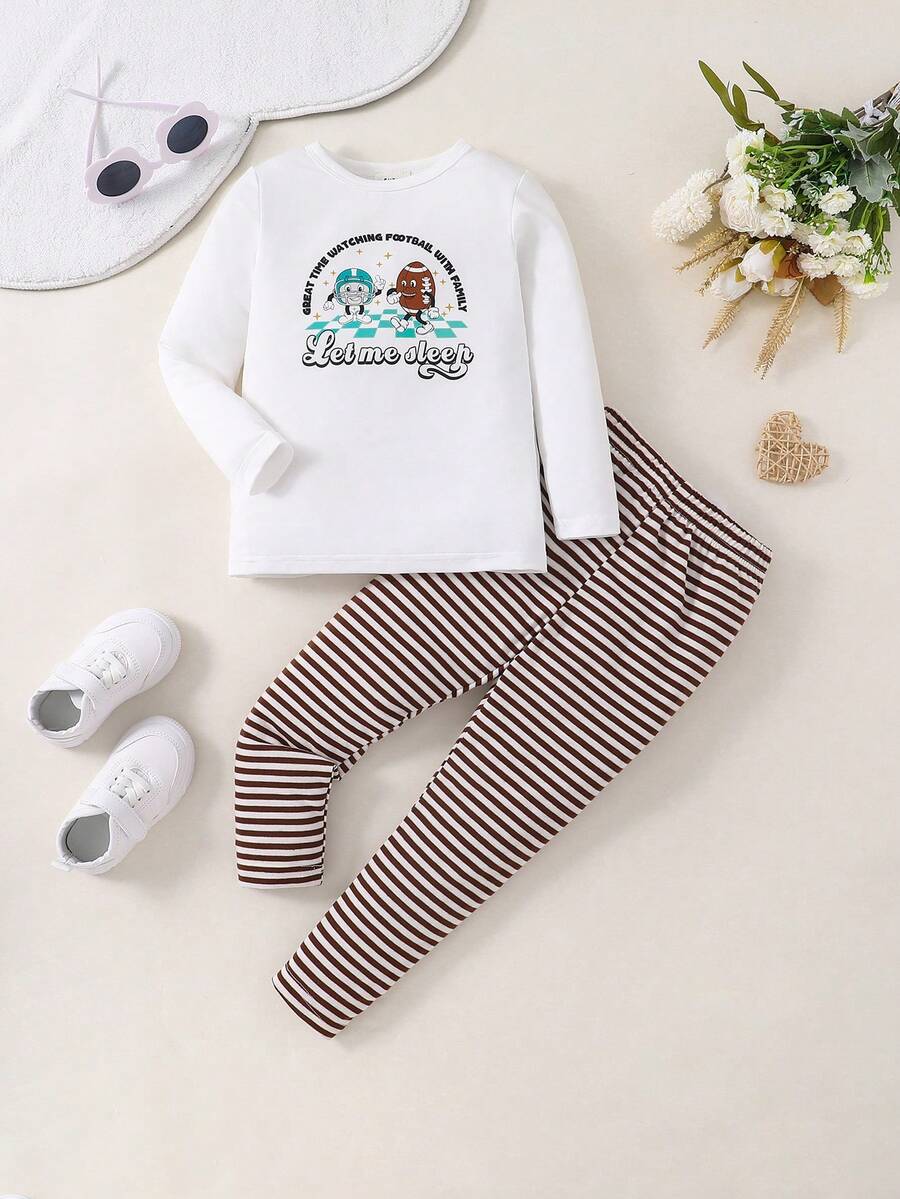 男孩舒適彈性卡通英文圖案條紋緊身春秋居家服兩件套裝 - 彩色 - 查看 1