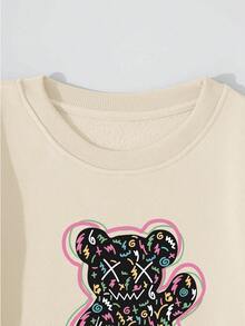 SHEIN Essnce Quý cô màu trơn Màu sắc Vòng cổ Áo nỉ Và Quần thể thao Với In Dây rút 2 cái/bộ - Màu be - Xem 4