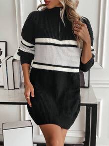 SHEIN LUNE Women's Color Block Half Zip Sweater Dress - Black - View 5