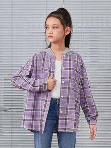 SHEIN Tween 女童落肩格紋連帽襯衫 - 紫色 - 查看 3