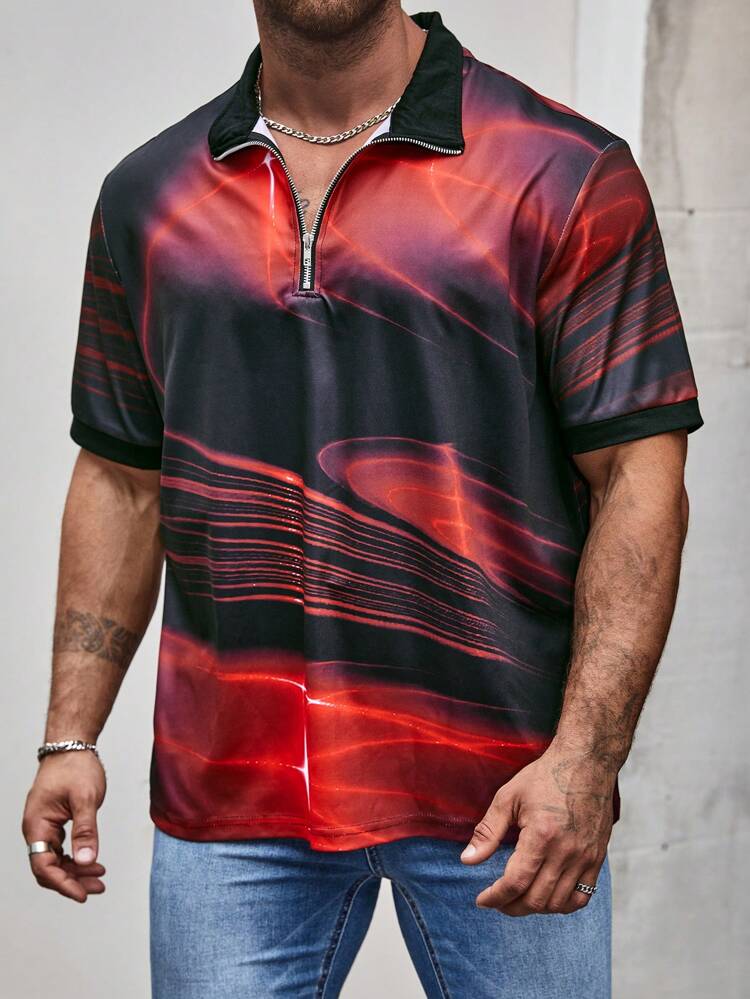 Men Plus Size Printed Zip Polo Shirt