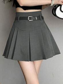 Rok Lipit Polos dengan Sabuk, Kasual - Dark Grey - View 7
