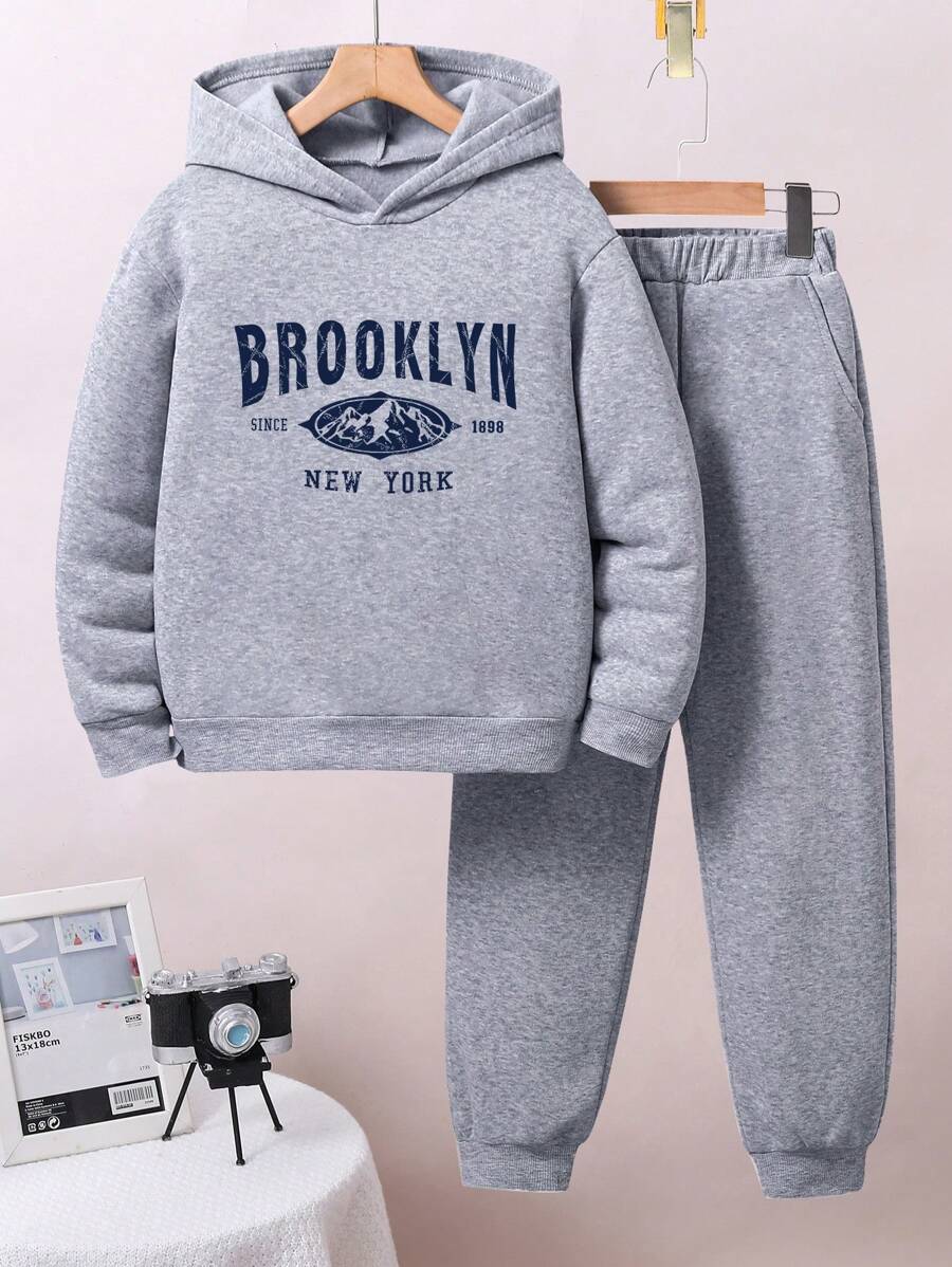 青少年男孩信號字母印花保暖連帽衛衣和運動長褲套裝 - 灰色 - 查看 1