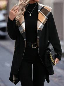 SHEIN Clasi Plaid Panel Asymmetrical Hem Belted Overcoat Fall Winter Cloth For Women - Multicolor - View 7