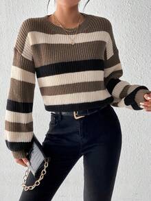 SHEIN Frenchy 女士色塊條紋圓領套頭毛衣 - 彩色 - 查看 5
