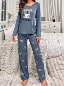 Koala Printed Long Sleeve T-Shirt And Pants Pajama Set, Fall Winter Clothes Cozy And Elegant Details - Blue - View 6
