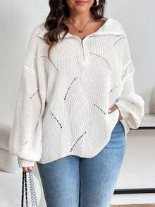 SHEIN Franclia 大尺碼白色寬鬆滑肩半拉鍊套頭毛衣 - 白色 - 查看 6