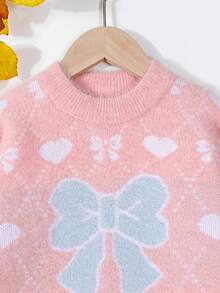 SHEIN Girls' Butterfly & Heart Pattern Sweater - Pink - View 3