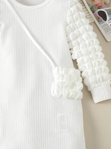 SHEIN 小女孩休閒泡泡袖連衣裙帶手提包 - 白色 - 查看 4