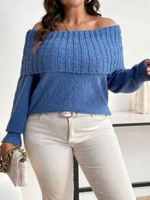 Flirla Women's Plus Size Off Shoulder Long Sleeve Sweater Knit Pullover Fall Winter Sweater - Blue - View 4