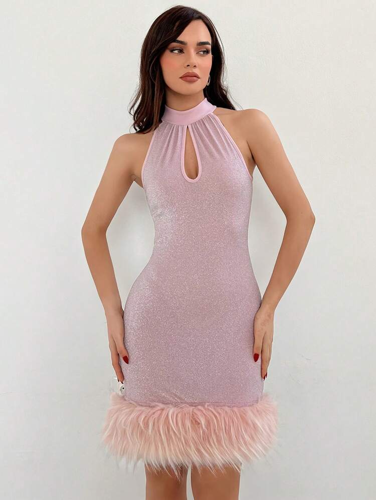 Patchwork Fringe Trim Halter Neck Bodycon Dress