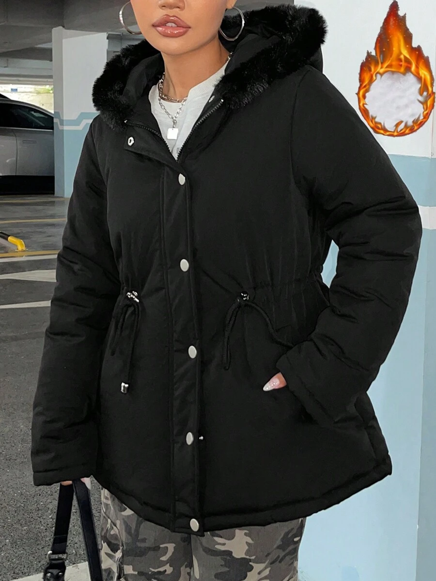 SHEIN EZwear 抽绳腰部毛绒装饰连帽夹棉大衣 - 黑色 - 查看 1