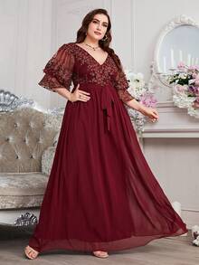 Plus Size Women V-Neck Embroidery Patchwork Dress - Burgundy - View 6