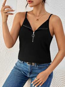 SHEIN Essnce 適用於夏天的女士拉鍊頸帶背心 - 黑色 - 查看 6