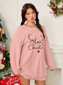SHEIN Qutie Của phụ nữ Giáng sinh Thêu Khẩu hiệu Đầm nỉ - Hồng - Xem 5