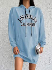 Cottnline Letter Graphic Kangaroo Pocket Drop Shoulder Drawstring Hoodie - Blue - View 1