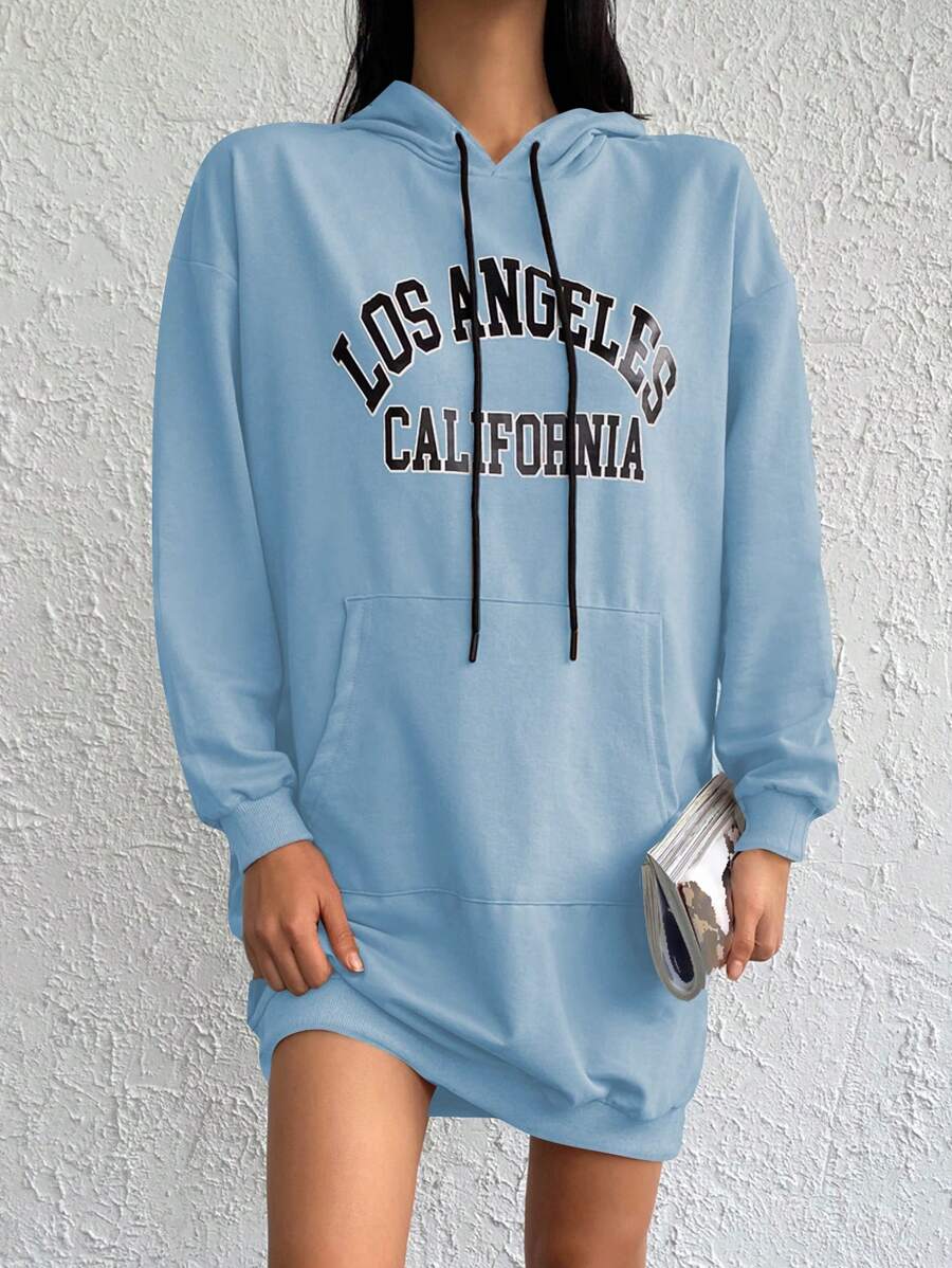 Cottnline Letter Graphic Kangaroo Pocket Drop Shoulder Drawstring Hoodie - Blue - View 1