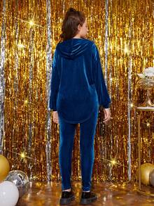 少女針織純色絨面套頭衫和褲子休閒2入組 - 水鴨藍 - 查看 2