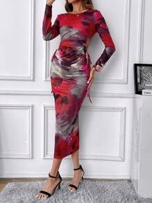 SHEIN Clasi Round Neck Floral Print Drawstring Waist Hollow Out Dress