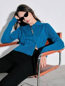 Anewsta 女款雙拉鍊棒球領針織衫 - 藍色 - 查看 5