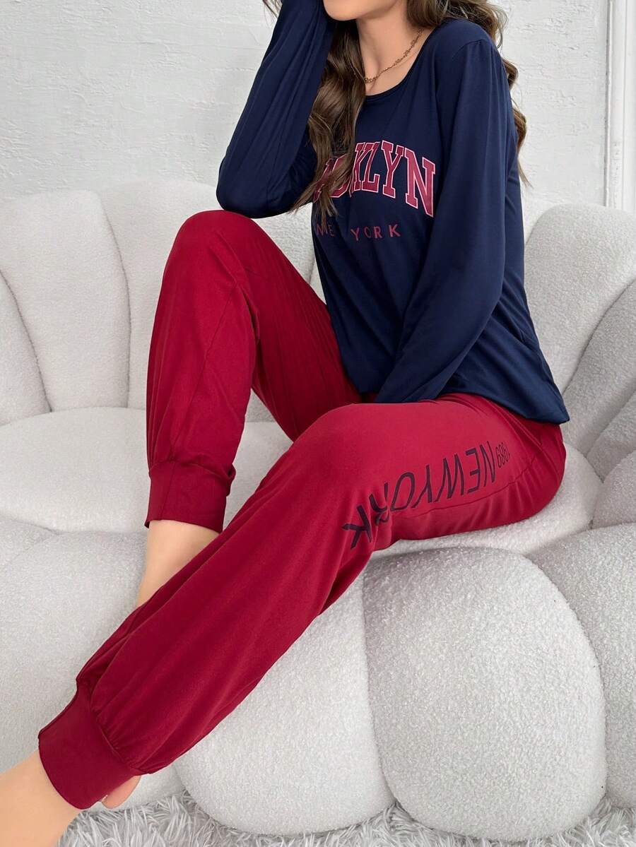 女款字母印花長袖長褲睡衣套裝