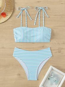 SHEIN Swim Summer Beach Women's Blue Vertical Stripe Bikini Set - Blue and White - View 5