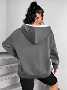 SHEIN EZwear 女裝大尺碼字母印花拉鍊連帽衛衣 - 深灰色 - 查看 2