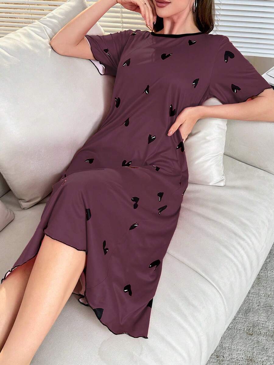 Women's Heart Printed Short Sleeve Pajama Night Dress