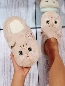 女士猫刺绣一脚蹬家居拖鞋，秋冬季包头室内防滑拖鞋，情侣礼物 - 卡其色 - 查看 5