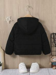 SHEIN 男婴厚夹克，带保暖内衬和撞色连帽，冬季 - 黑色 - 查看 2