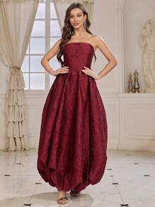 SHEIN Belle 露肩上衣,花苞形狀的下擺,有紋理的提花織物,女士晚禮服(重工業風格) - 酒紅色 - 查看 5