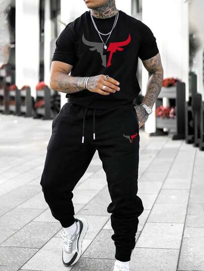 Manfinity LEGND Herr Runda Hals Svart Tryckt Byxor Uppsättningar