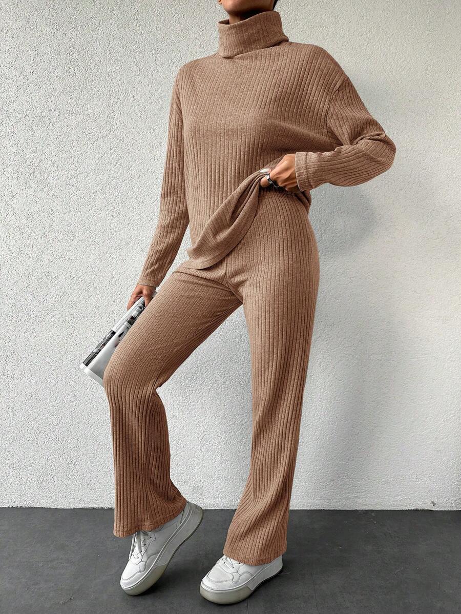 SHEIN Cottnline 2pcs Solid Color High Neck T-Shirt And Pants Set - Coffee Brown - View 1