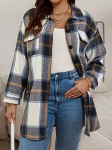 SHEIN LUNE Kích thước lớn Của phụ nữ Kẻ sọc Thả vai áo - Màu Cam cháy - Xem 5