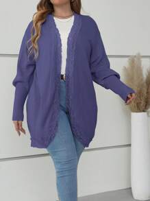 Franclia Women's Plus Size Solid Color Lace Knitted Cardigan With Patchwork